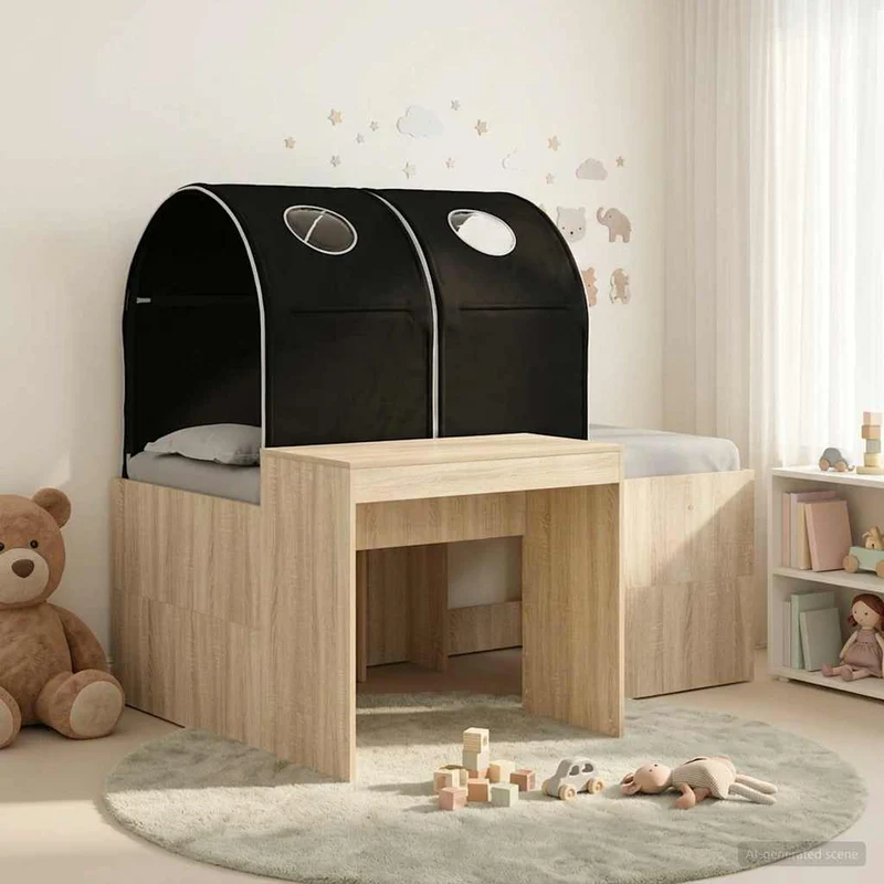 Bed with Tunnel 3 pcs Sonoma Oak and Black Engineered Wood