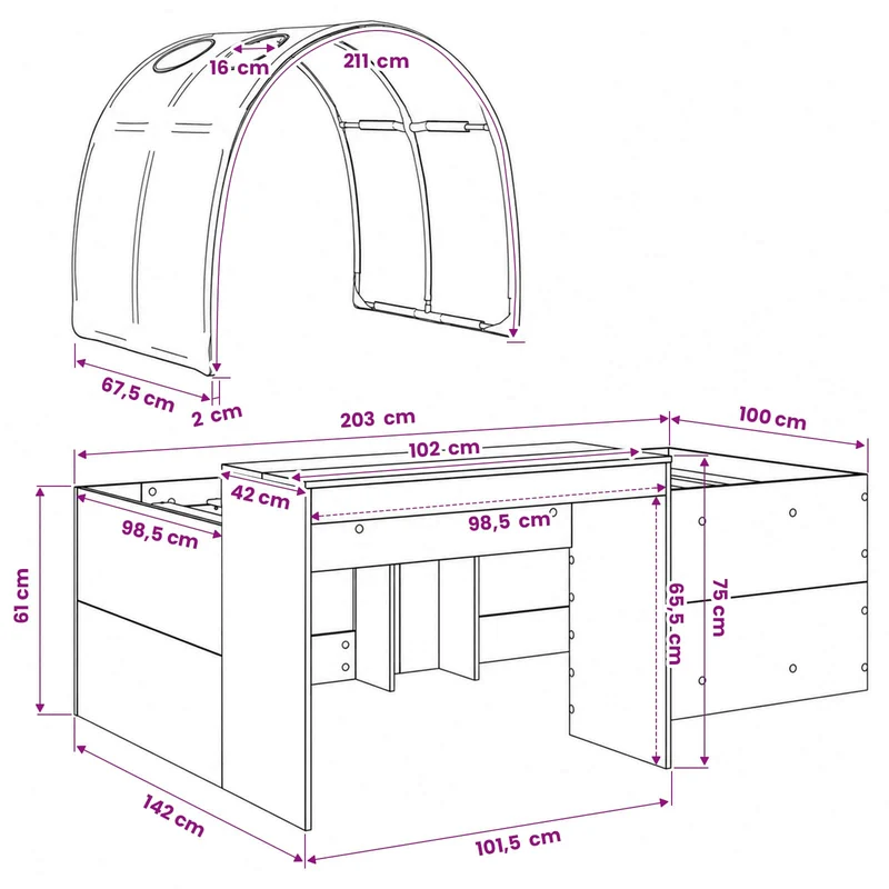 Bed with Tunnel 3 pcs Sonoma Oak and Black Engineered Wood