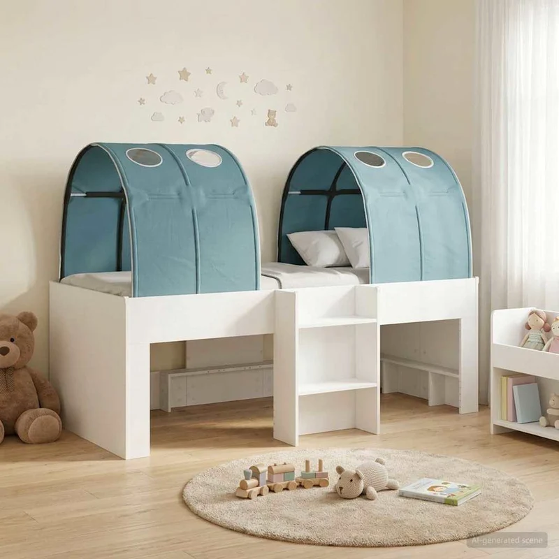 Bed with Tunnel 3 pcs White and Light Blue Engineered Wood