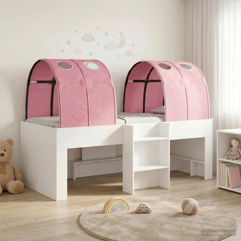 Bed with Tunnel 3 pcs White and Pink Engineered Wood