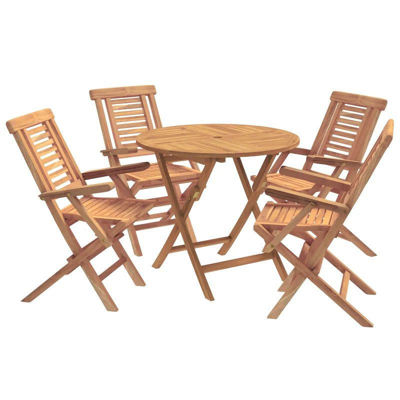 5 Piece Folding Garden Bistro Set Natural Solid Teak Wood