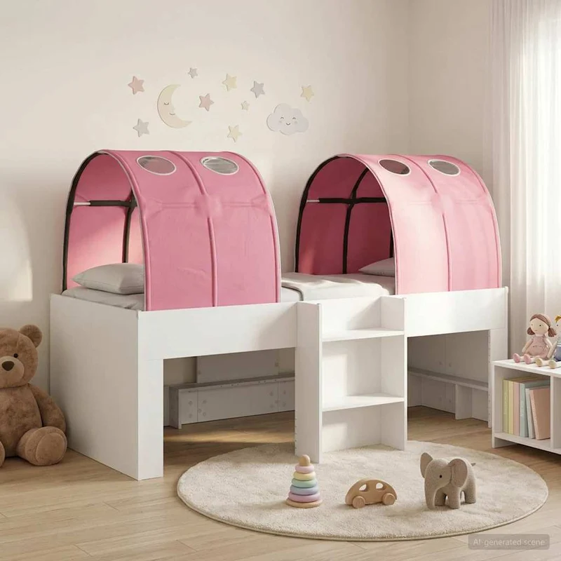 Bed with Tunnel 3 pcs White and Pink Engineered Wood