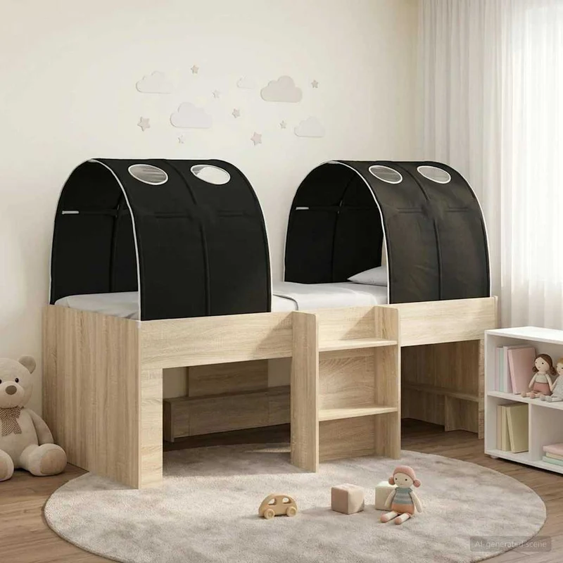 Bed with Tunnel 3 pcs Sonoma and Black Engineered Wood