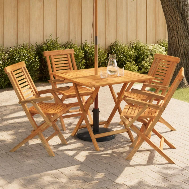 5 Piece Folding Garden Bistro Set Natural Solid Teak Wood