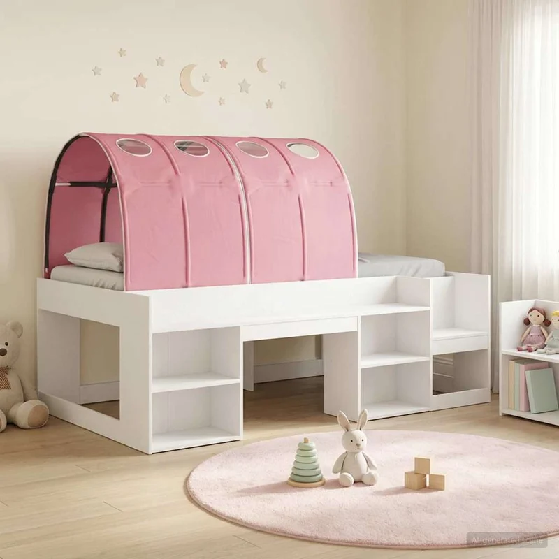 Bed with Tunnel with Shelf 3 pcs White and Pink Engineered Wood