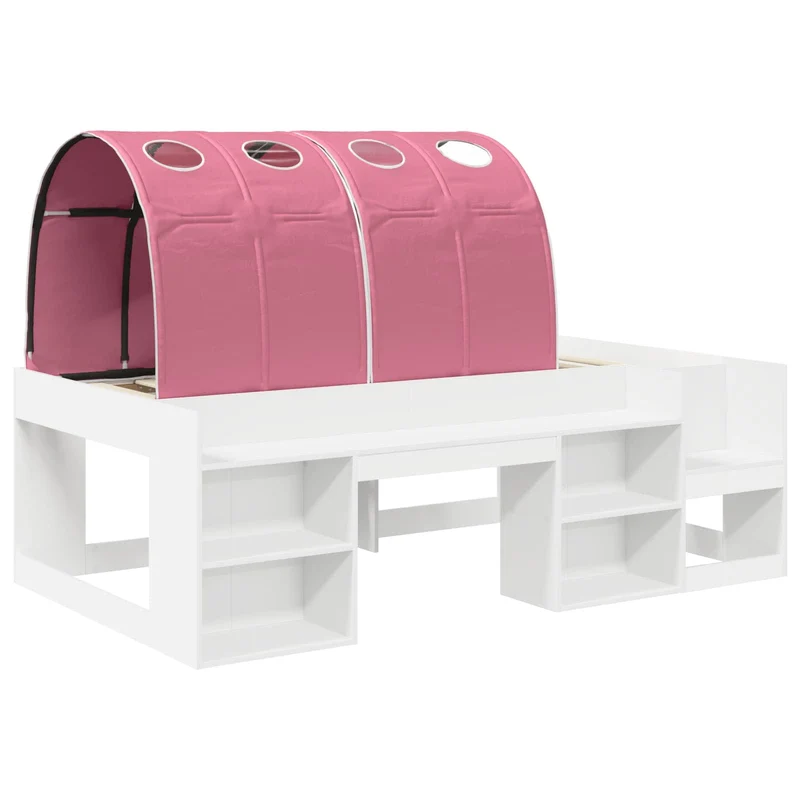 Bed with Tunnel with Shelf 3 pcs White and Pink Engineered Wood
