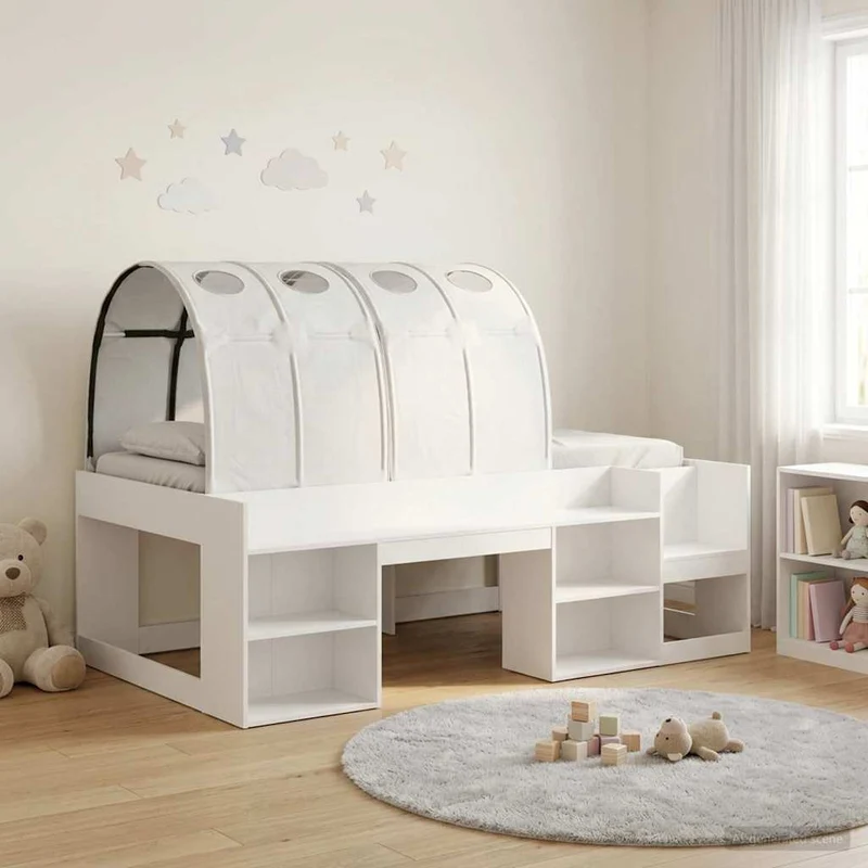 Bed with Tunnel with Shelf 3 pcs White Engineered Wood