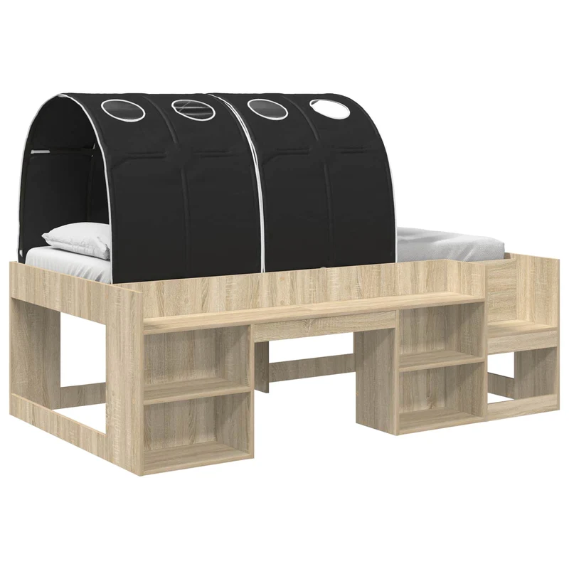 Bed with Tunnel 3 pcs Sonoma Oak and Black Engineered Wood