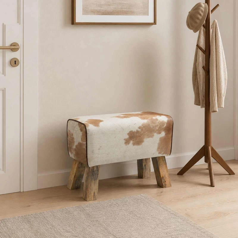 Bench 60 x 30 x 45 cm Real Leather Brown and White