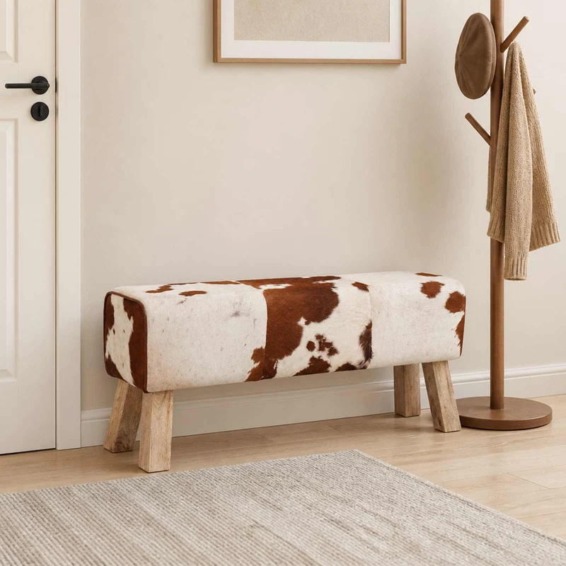 Bench 110 x 30 x 45 cm Real Leather Brown and White