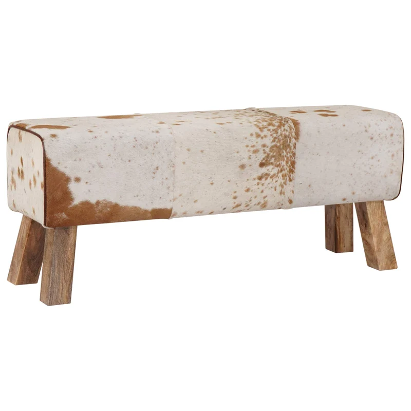 Bench 110 x 30 x 45 cm Real Leather Brown and White