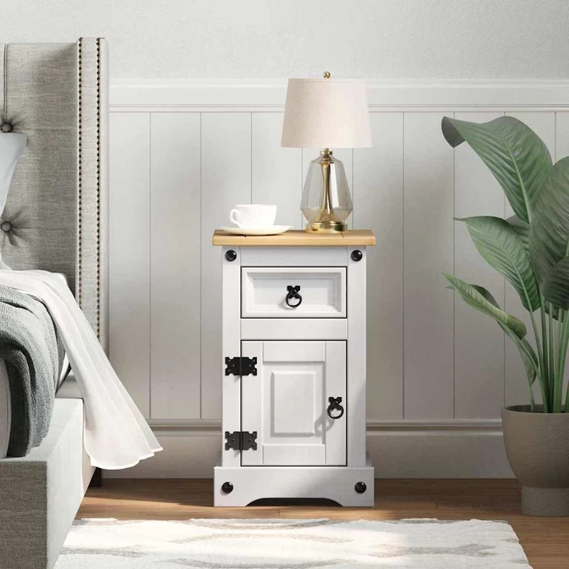 Bedside Table Corona White 35 x 32.5 x 58 cm Solid Pine Wood