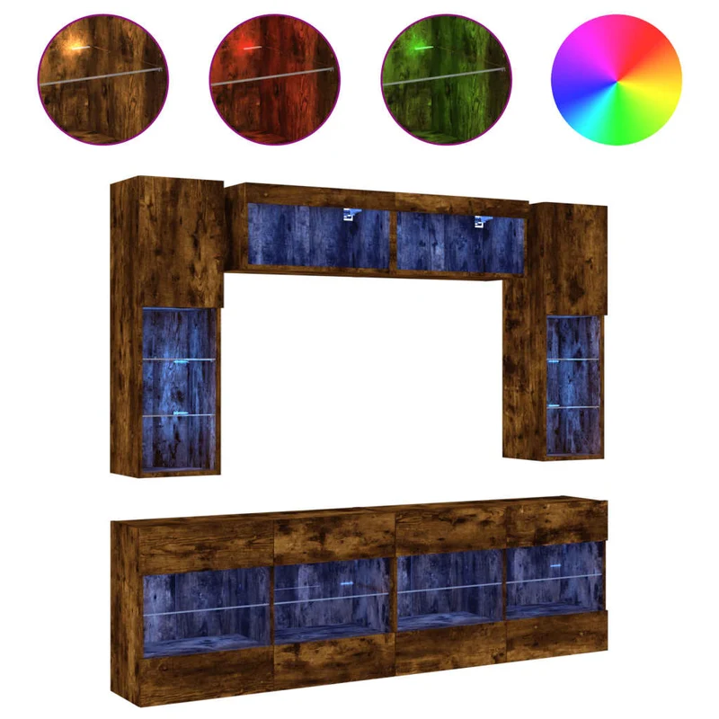 6 Piece TV Wall Cabinet Set with LED Lights Smoked Oak