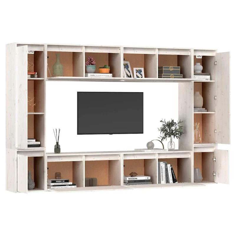 8 Piece Wall-mounted TV Cabinet Set White Solid Wood Pine
