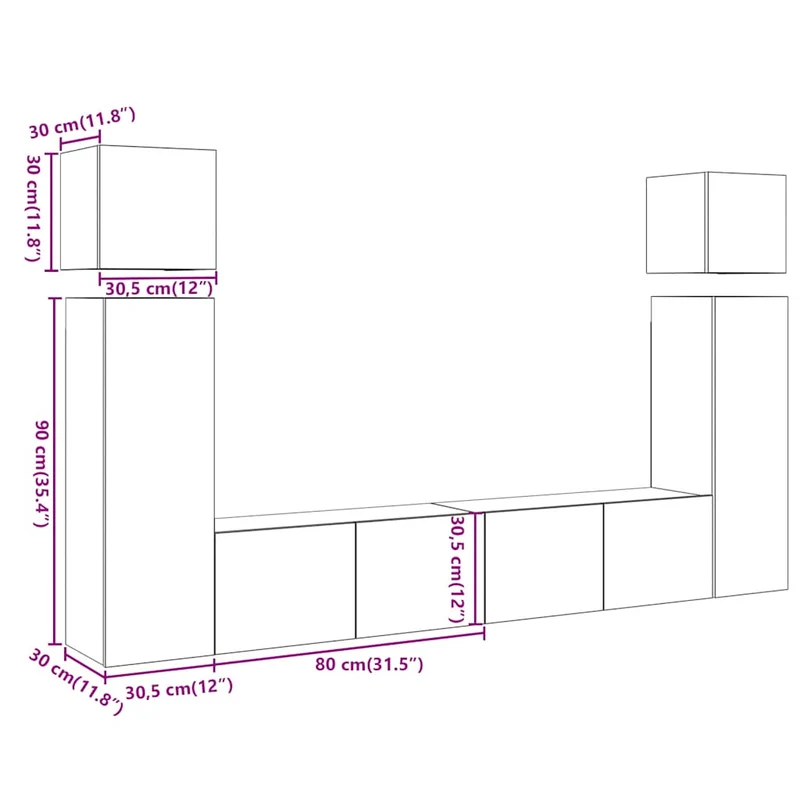 8 Piece TV Cabinet Set Wall-mounted Old Wood Engineered Wood