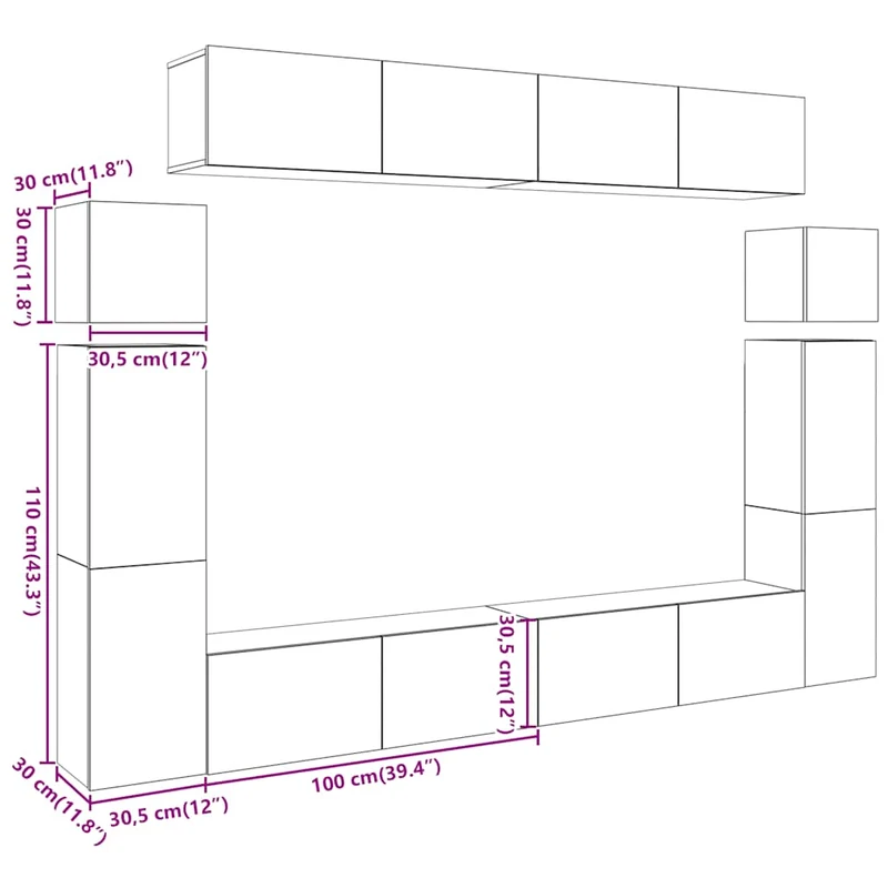 8 Piece TV Cabinet Set Wall-mounted Old Wood Engineered Wood