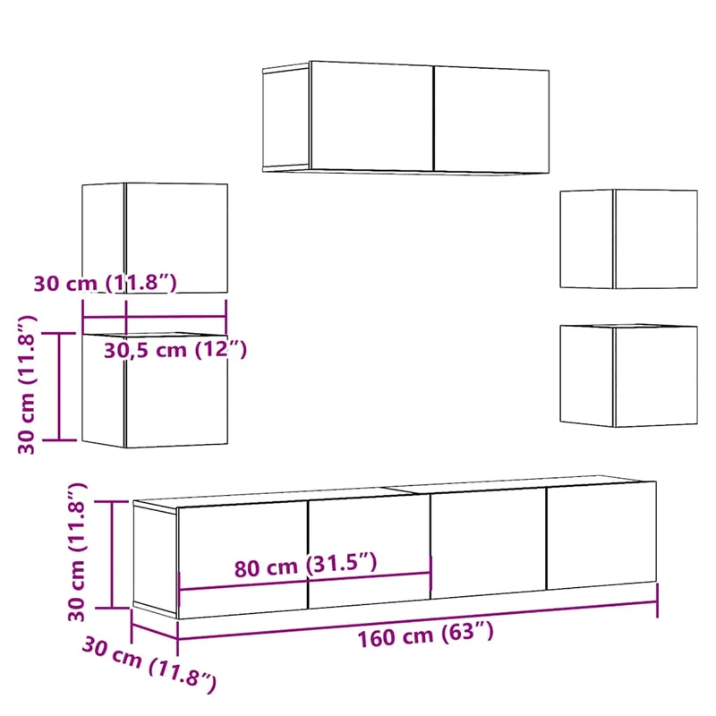 7 Piece TV Cabinet Set Wall-mounted Artisan Oak Engineered Wood