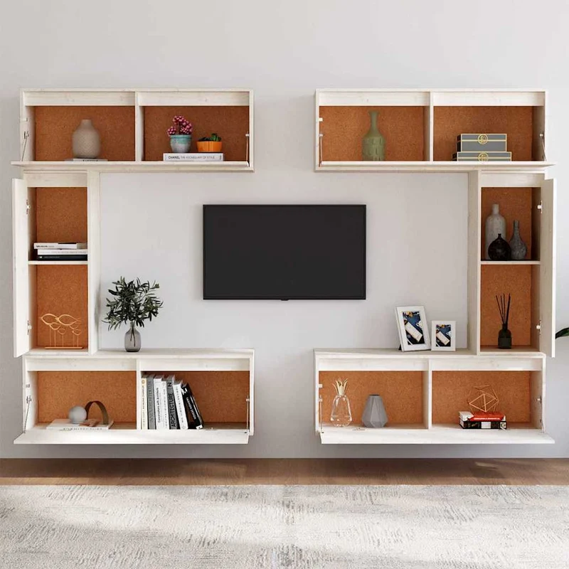 6 Piece TV Cabinet Set White Solid Wood Pine