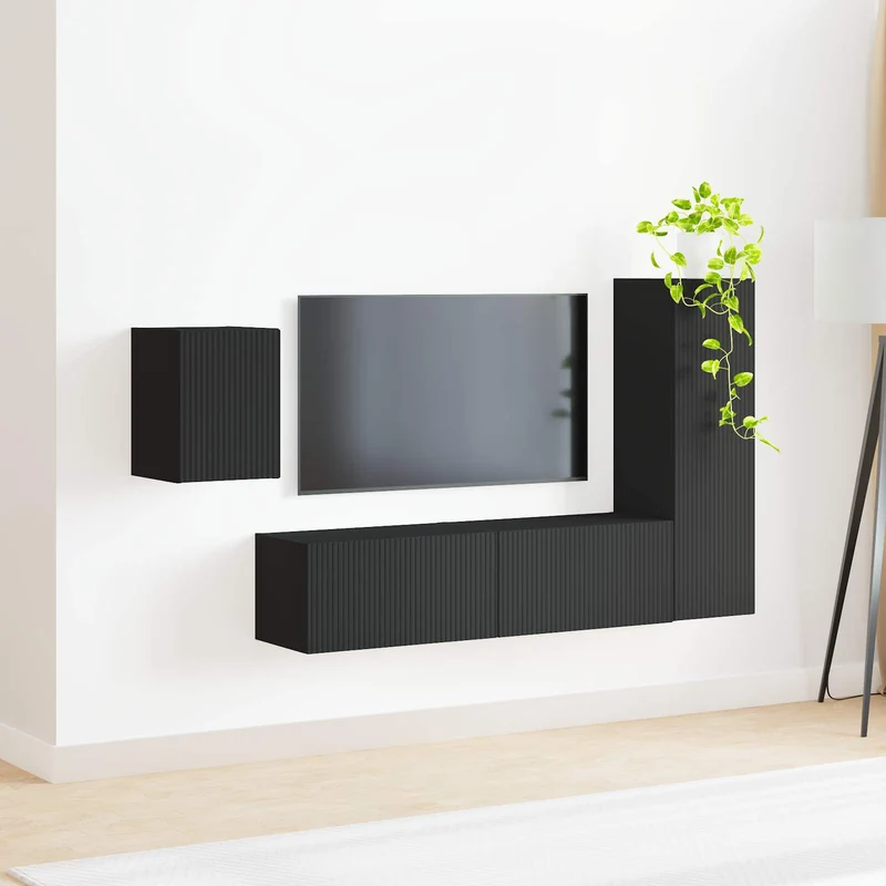 TV Cabinet Set 4 pcs Black Engineered Wood