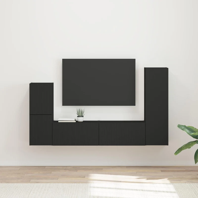 TV Cabinet Set 4 pcs Black Engineered Wood