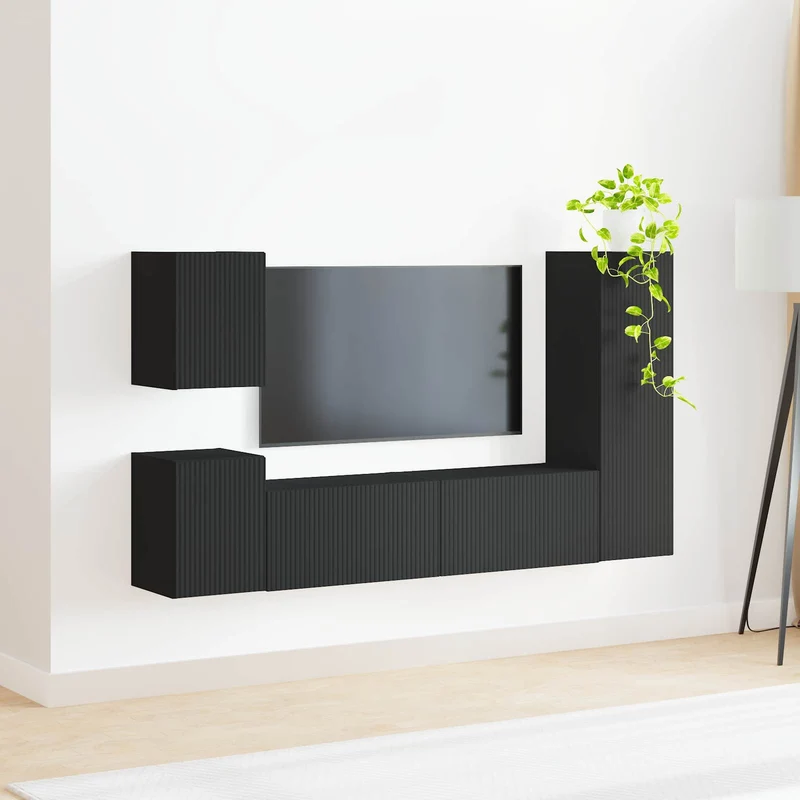 TV Cabinet Set 4 pcs Black Engineered Wood