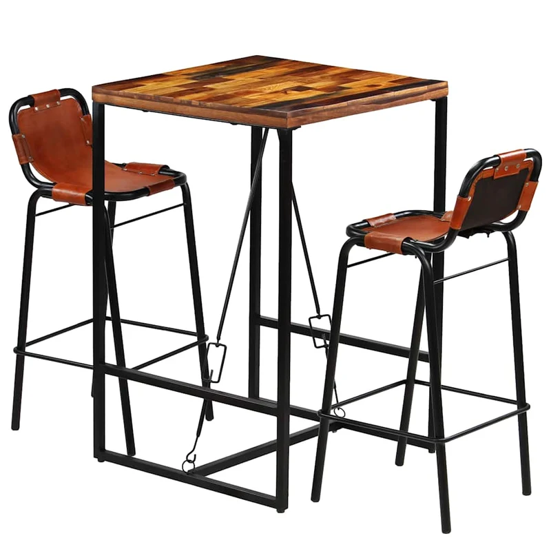 246286 vidaXL Bar Set 3 Pieces Solid Reclaimed Wood and Genuine Goat Leather