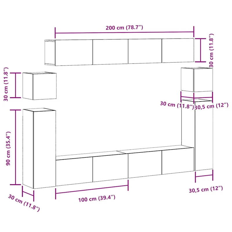 8 Piece TV Cabinet Set Wall-mounted Old Wood Engineered Wood