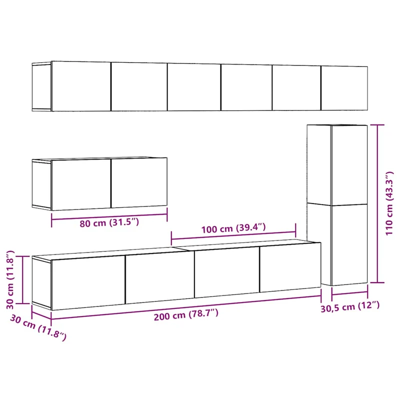 7 Piece TV Cabinet Set Wall-mounted Old Wood Engineered Wood