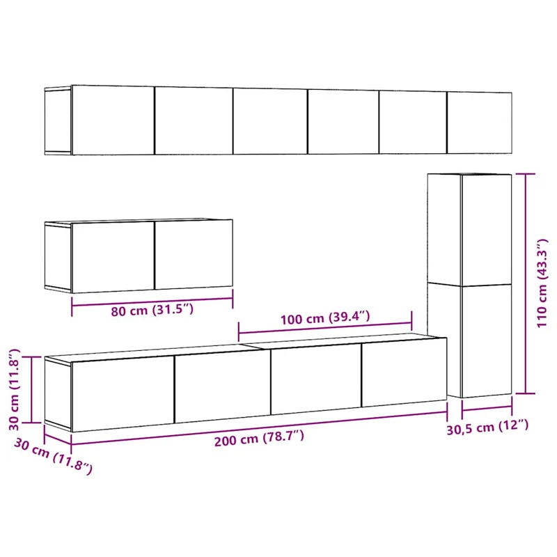 7 Piece TV Cabinet Set Wall-mounted Artisan Oak Engineered Wood