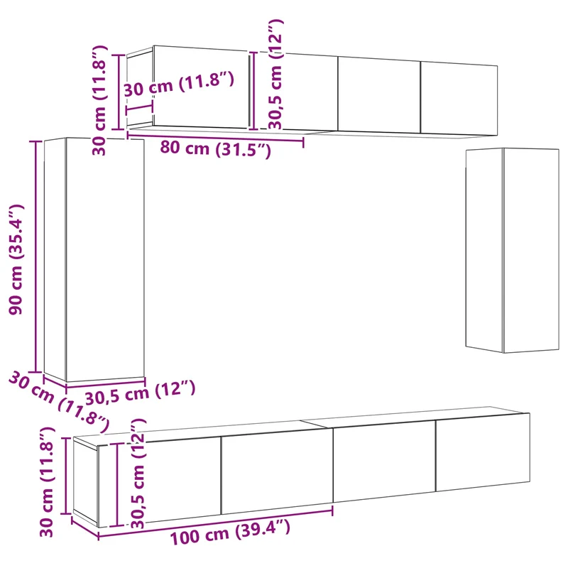 TV Cabinet Set 6 pcs Black Oak Engineered Wood