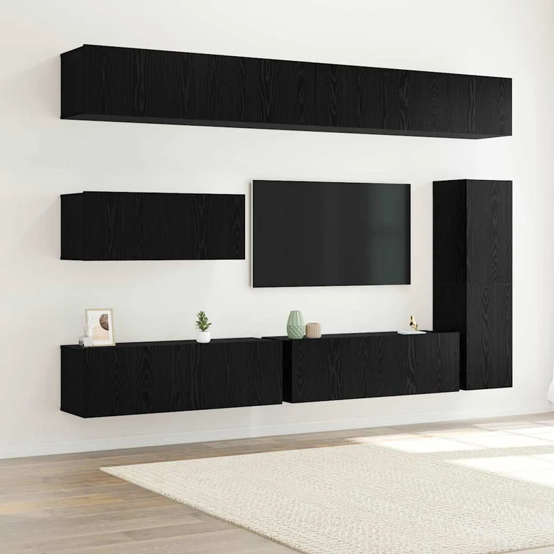 TV Cabinet Set 7 pcs Black Oak Engineered Wood