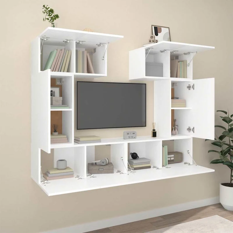 6 Piece TV Cabinet Set White Engineered Wood