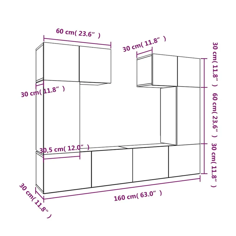 6 Piece TV Cabinet Set White Engineered Wood