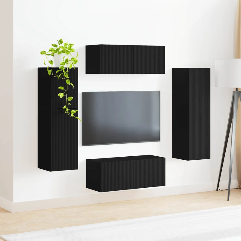 TV Cabinet Set 4 pcs Black Engineered Wood