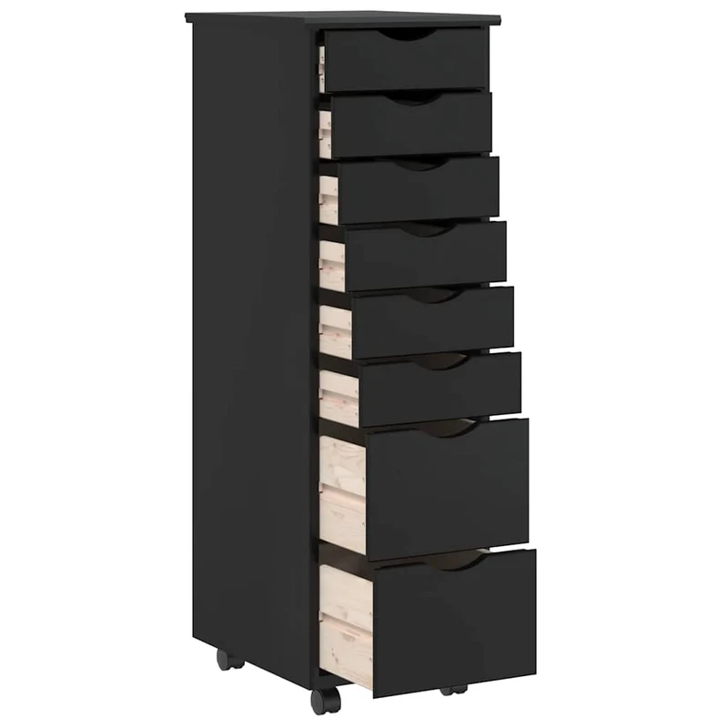 Rolling Cabinet with Drawers "MOSS" Black Solid Wood Pine