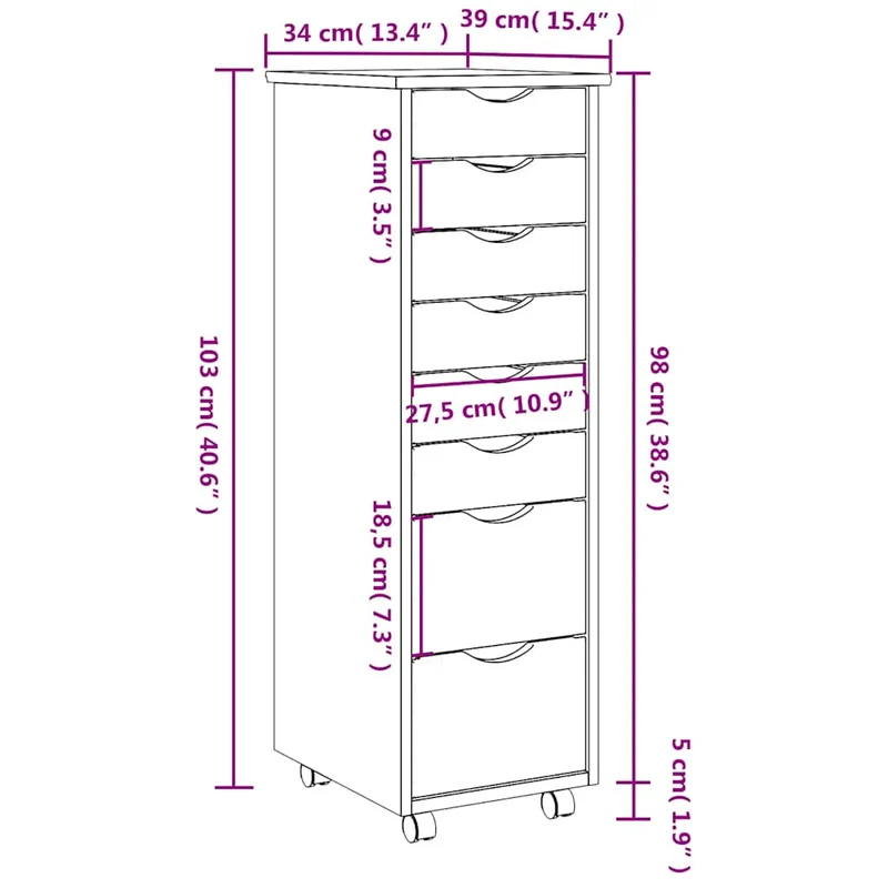 Rolling Cabinet with Drawers "MOSS" Black Solid Wood Pine