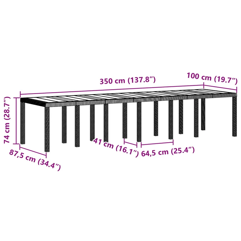 Garden Table Brown 350 x 100 x 74 cm Poly Rattan