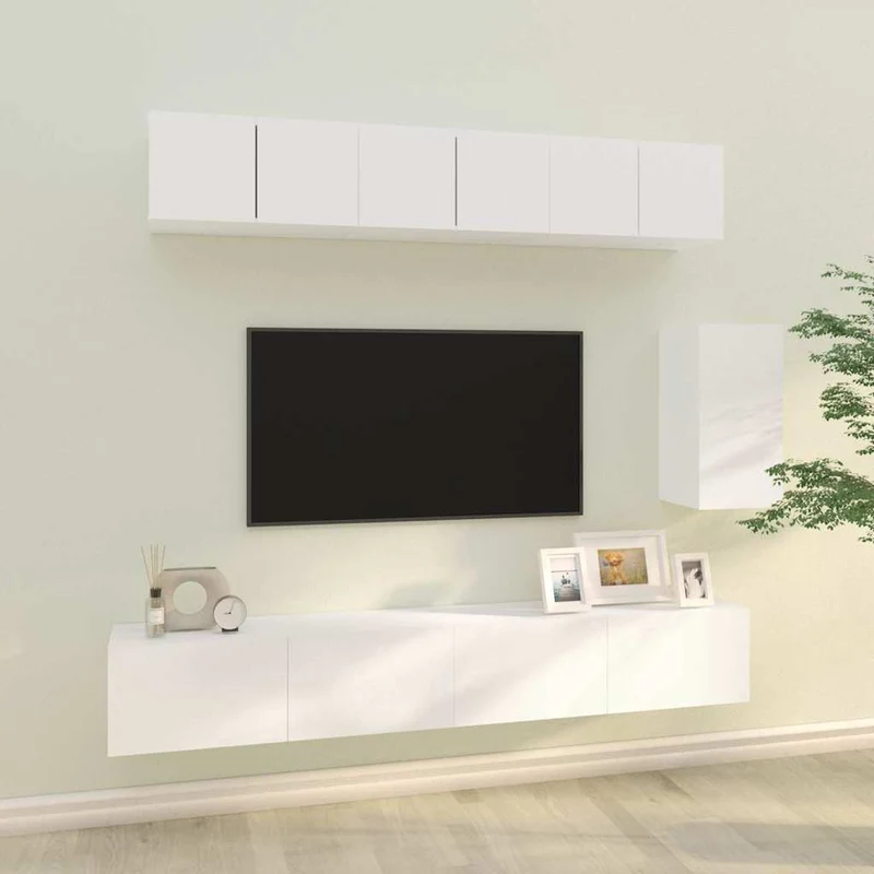 6 Piece TV Cabinet Set White Engineered Wood