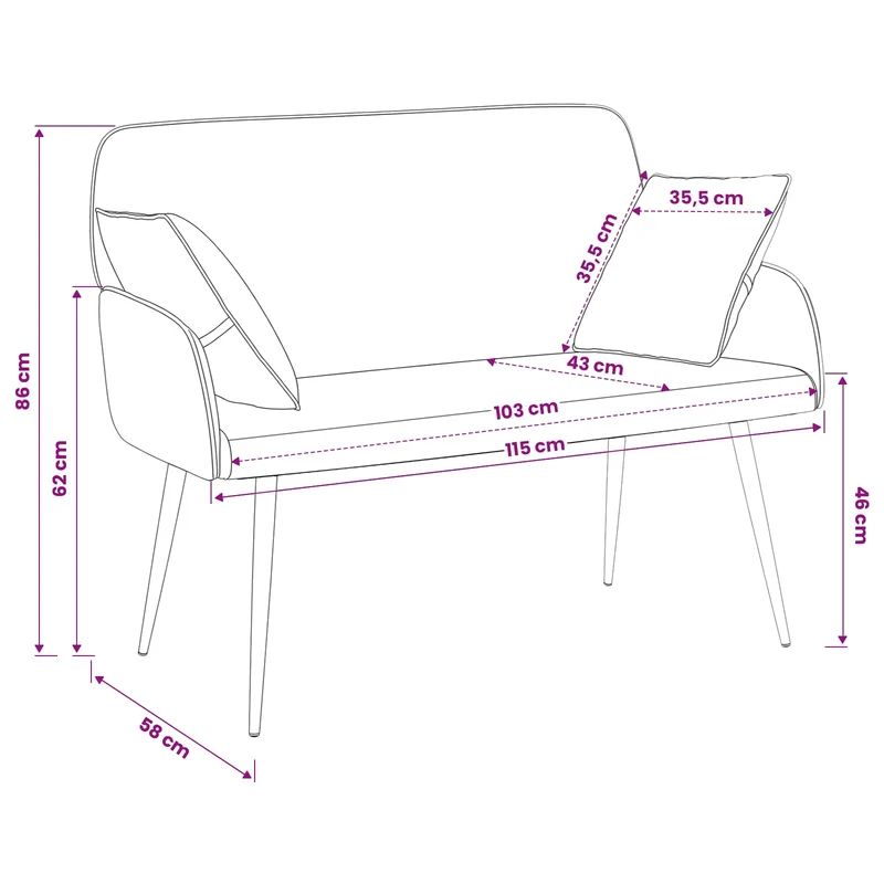 2 Seater Sofa with Metal Legs 2-Seater Grey Faux Leather