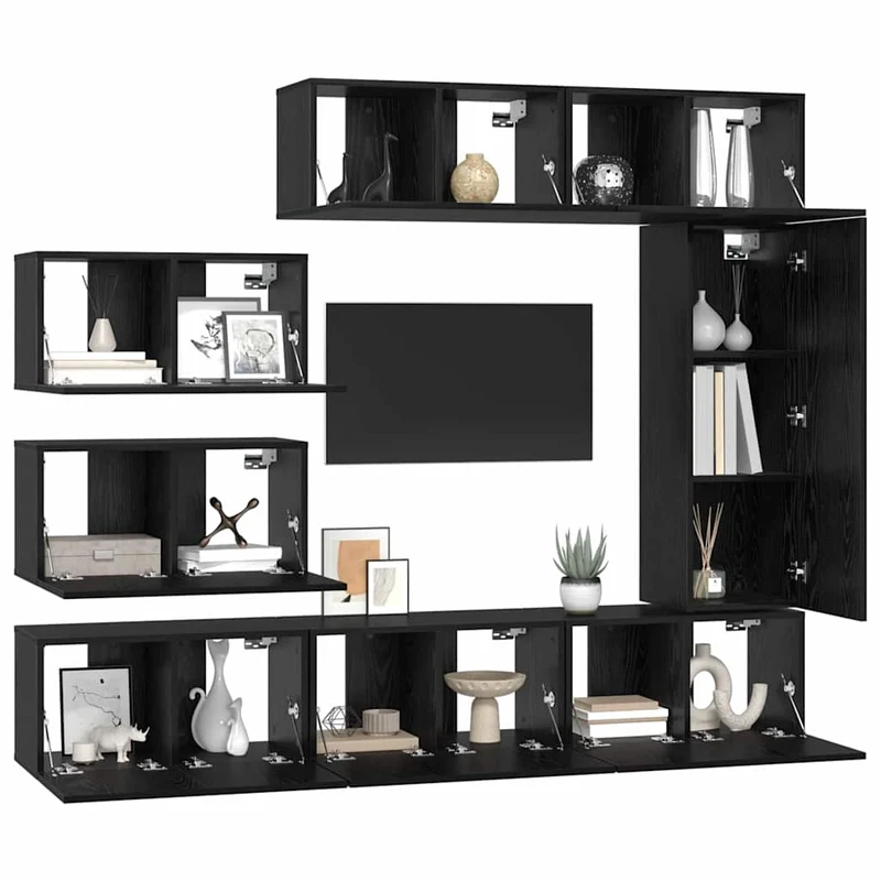 TV Cabinet Set 8 pcs Black Oak Engineered Wood