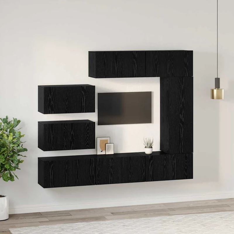 TV Cabinet Set 8 pcs Black Oak Engineered Wood