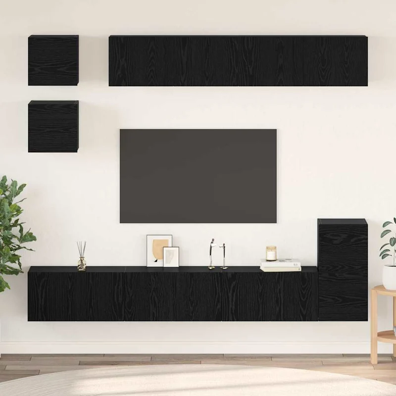 TV Cabinet Set 8 pcs Black Oak Engineered Wood