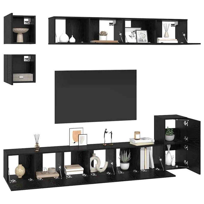 TV Cabinet Set 8 pcs Black Oak Engineered Wood