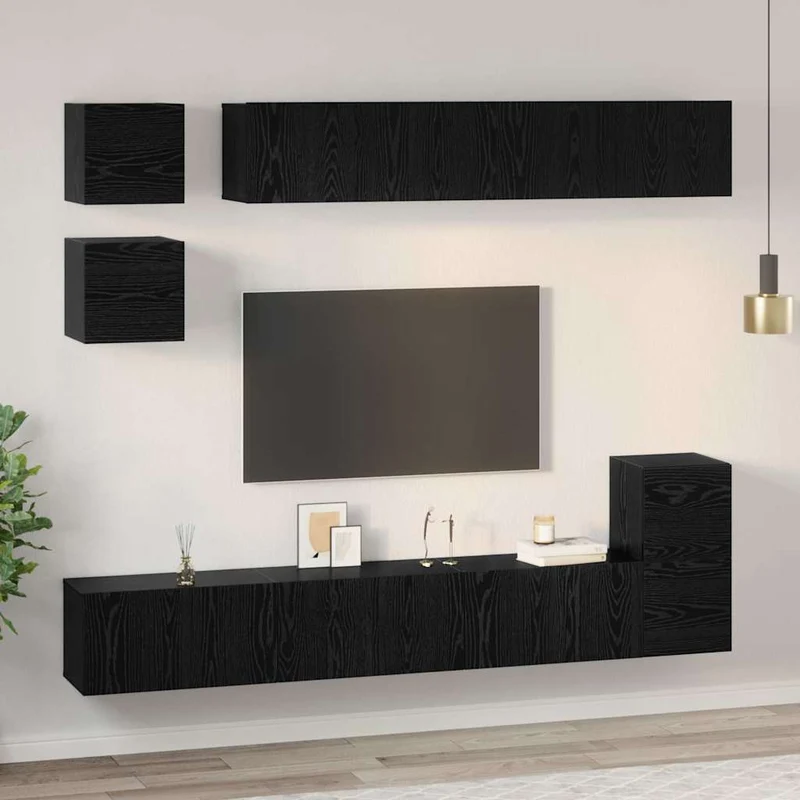 TV Cabinet Set 8 pcs Black Oak Engineered Wood