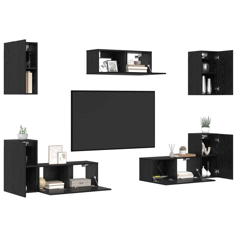 TV Cabinet Set 7 pcs Black Oak Engineered Wood