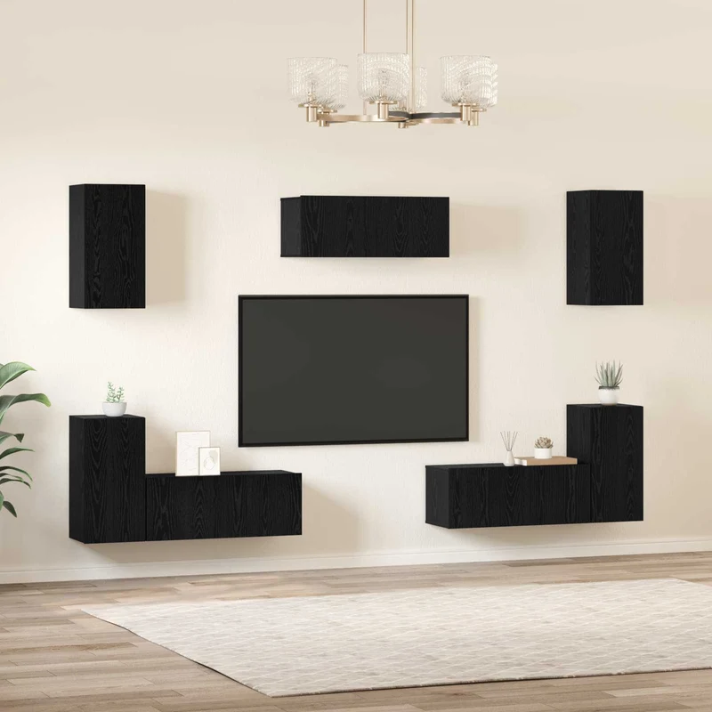 TV Cabinet Set 7 pcs Black Oak Engineered Wood