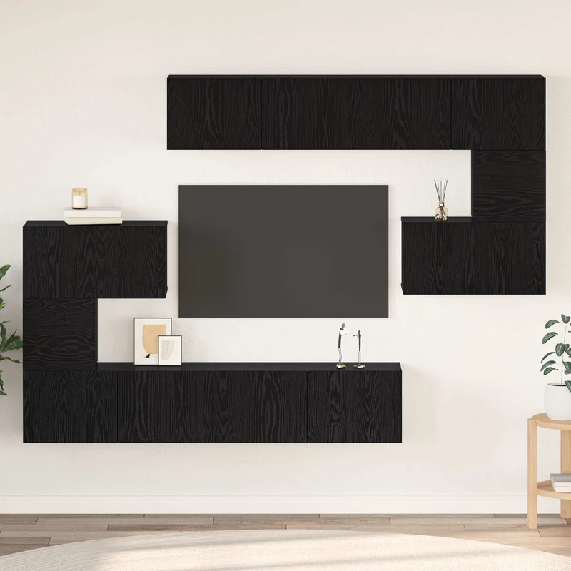 TV Cabinet Set 8 pcs Black Oak Engineered Wood