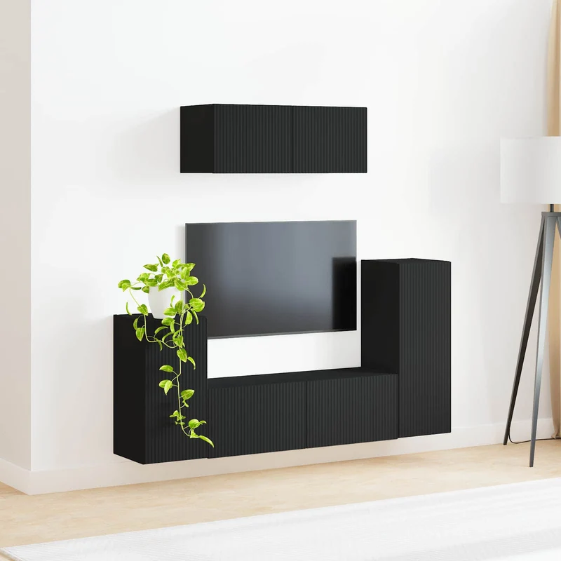 TV Cabinet Set 4 pcs Black Engineered Wood