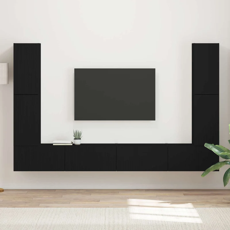 TV Cabinet Set 8 pcs Black Engineered Wood