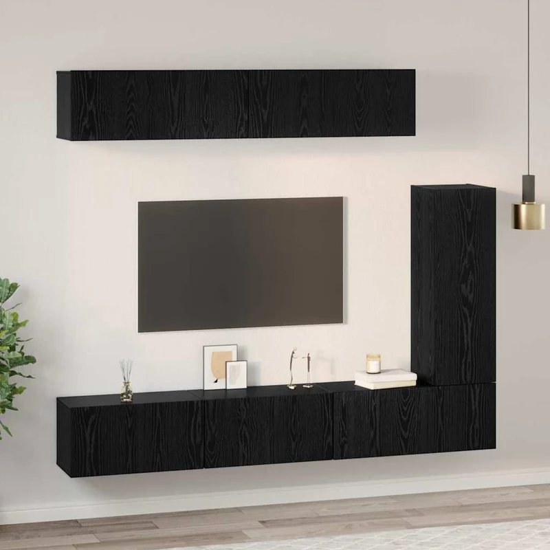 TV Cabinet Set 6 pcs Black Oak Engineered Wood